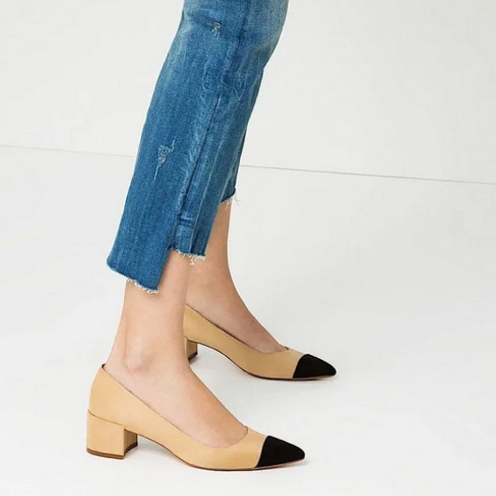 ZARA Block Heel Cap Toe Suede Pumps in Camel (Chanel Style)